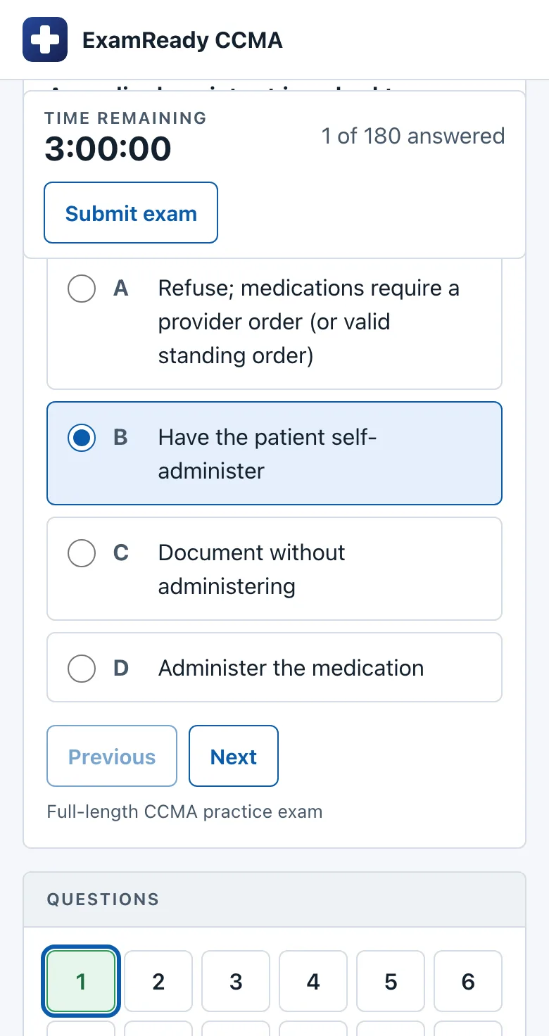 CCMA timed exam simulator on a phone with the countdown clock, a question and its answer choices