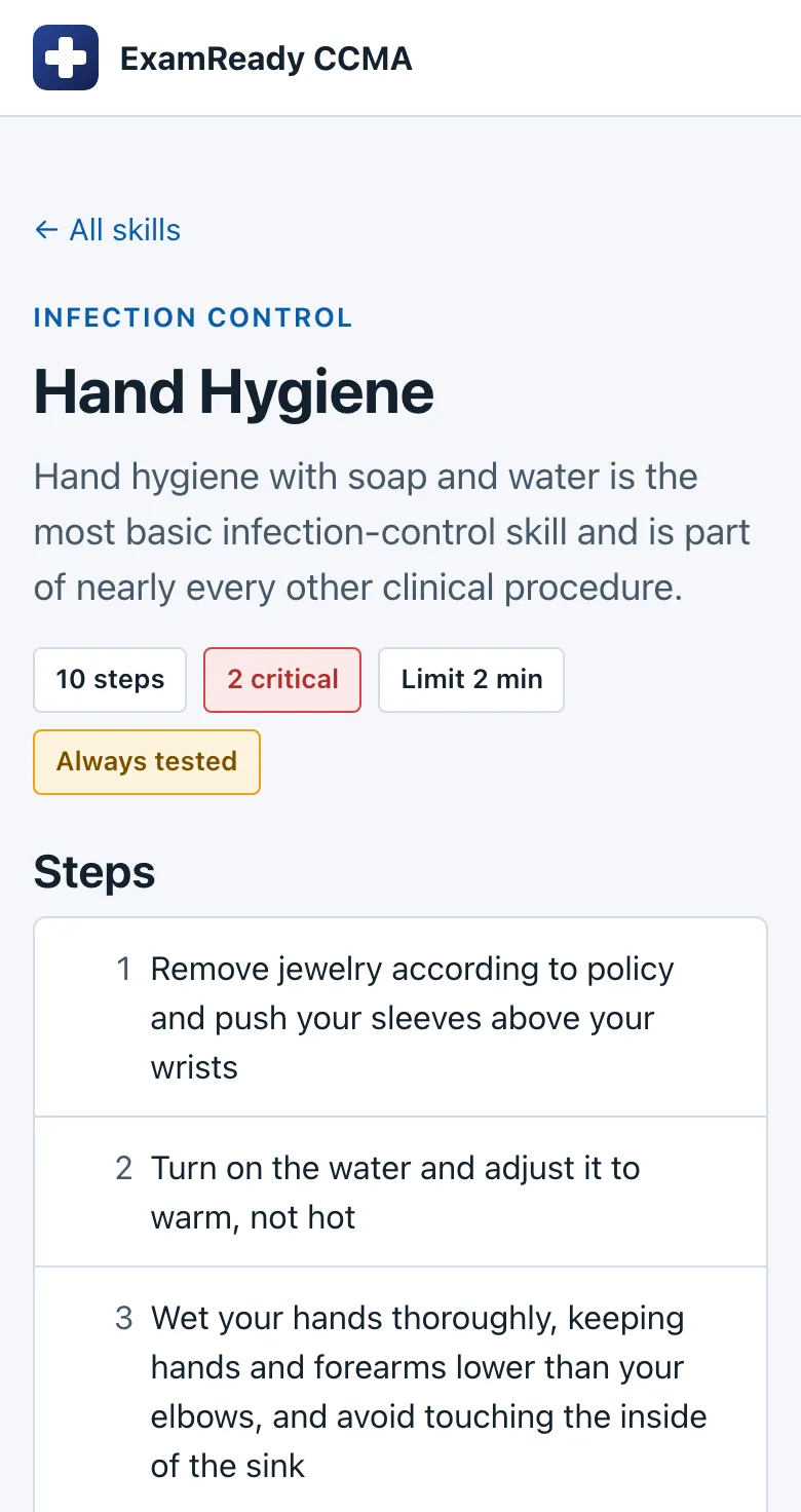 CCMA skill page for Hand Hygiene on a phone with numbered steps and critical steps flagged