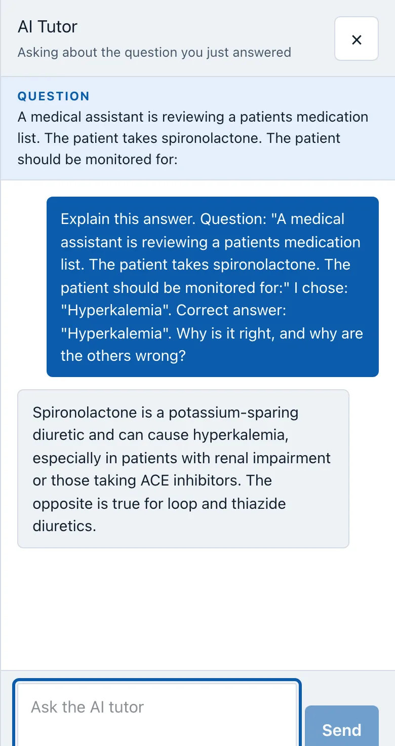CCMA AI tutor panel on a phone explaining the answer to a practice question